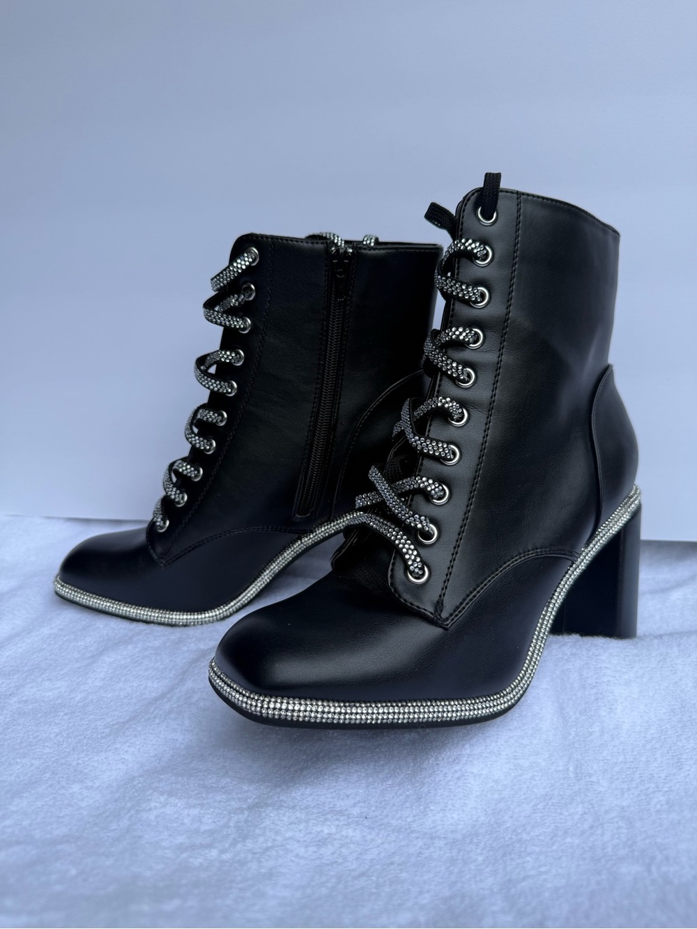 BAMBOO Black Lace-Up Block Heel Ankle Boots with Rhinestone Trim